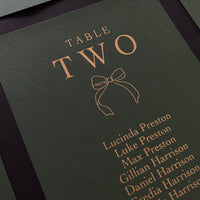 gold foil and dark green individual seating chart cards  for wedding reception