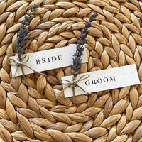 dried lavender flower name cards for rustic wedding