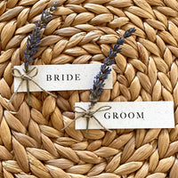recycled fleck card with dried lavender for rustic place setting