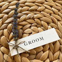 rectangle name card with dried lavender stem for wedding place setting