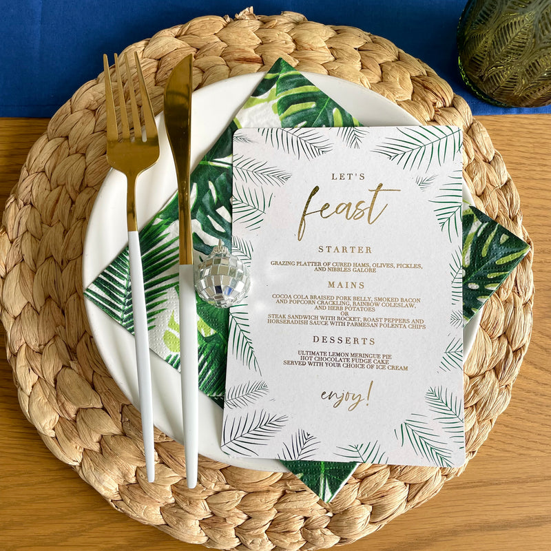 tropical fern leaf menu card for summer dinner party