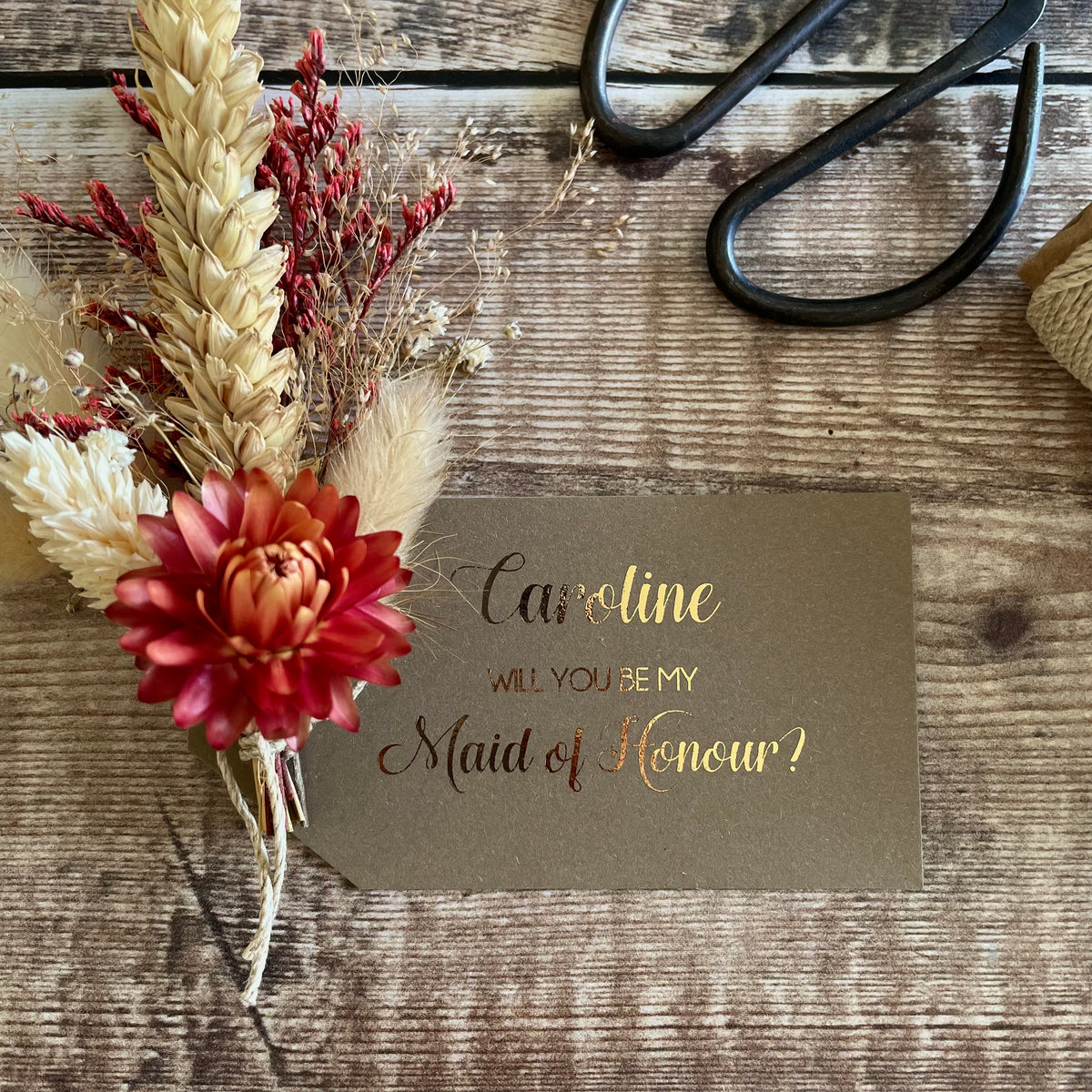 Personalised will you be my maid of honour dried flower proposal gift tag