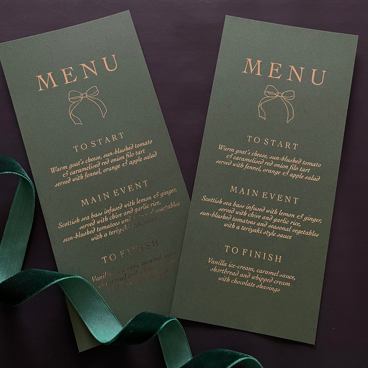forest green and gold foil wedding dinner menu cards