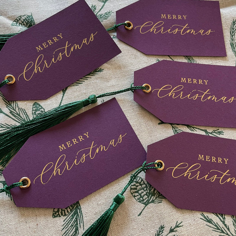 purple green and gold merry christmas gift tags