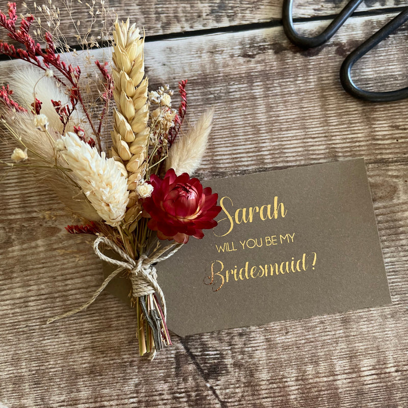 will you be my bridesmaid proposal dried flower gift tag