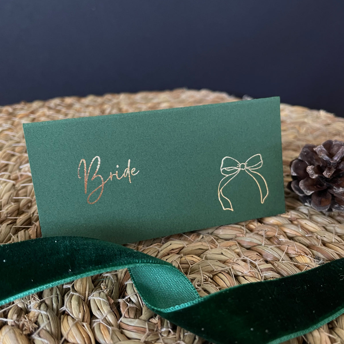 forest green and gold foil name cards for wedding table