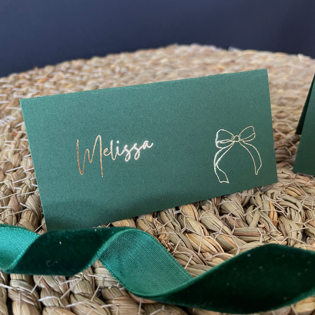green and gold wedding place cards 