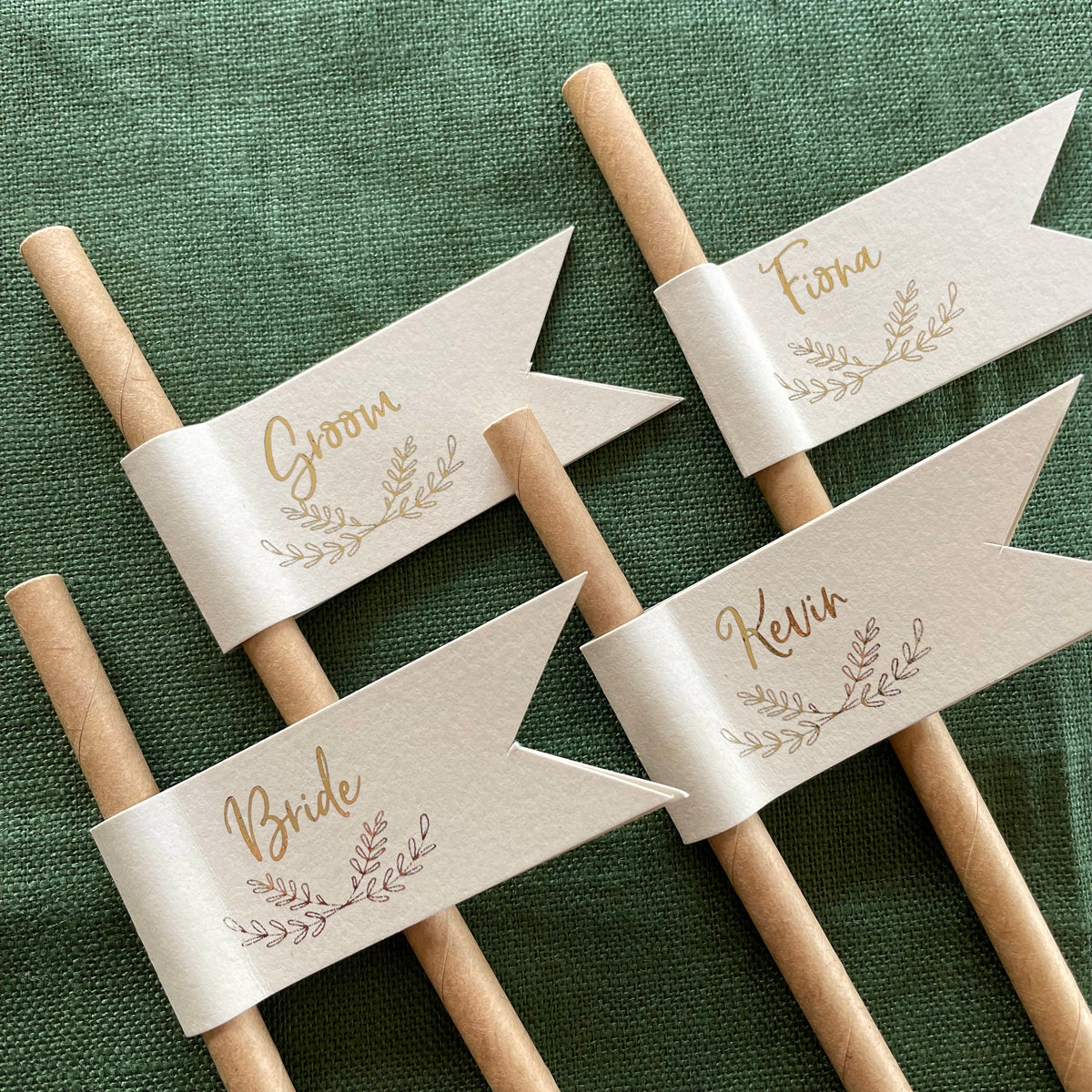 paper straws with name flags for wedding place settings