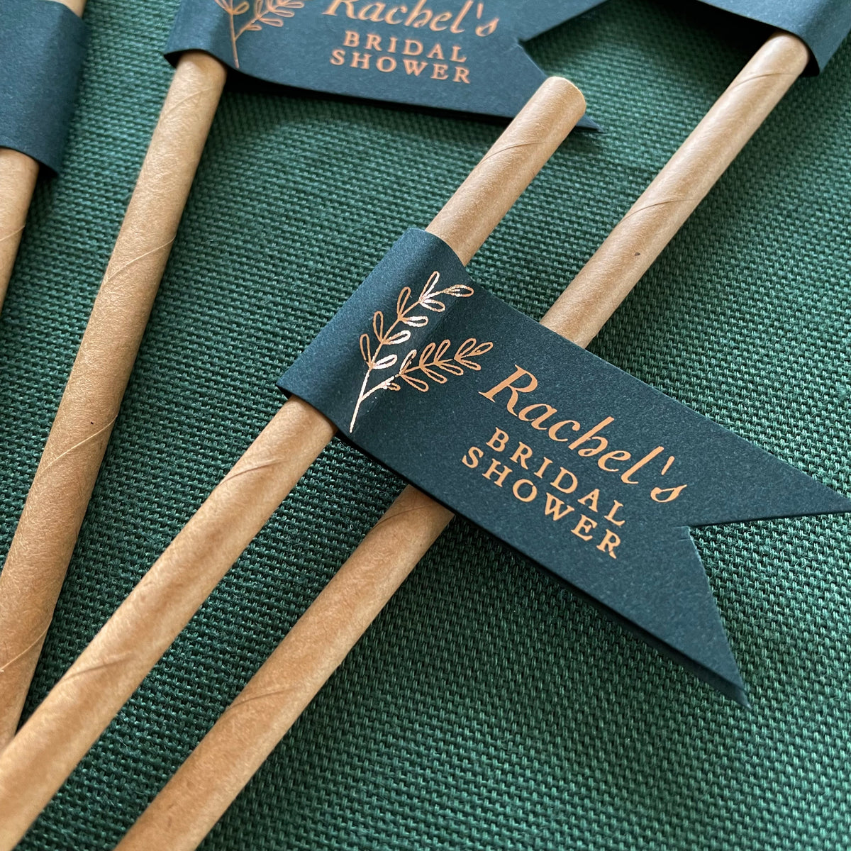 personalised bridal shower drink straws in teal and rose gold