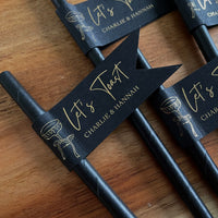 black and gold personalised paper drinking straws for engagement party, anniversary or wedding reception