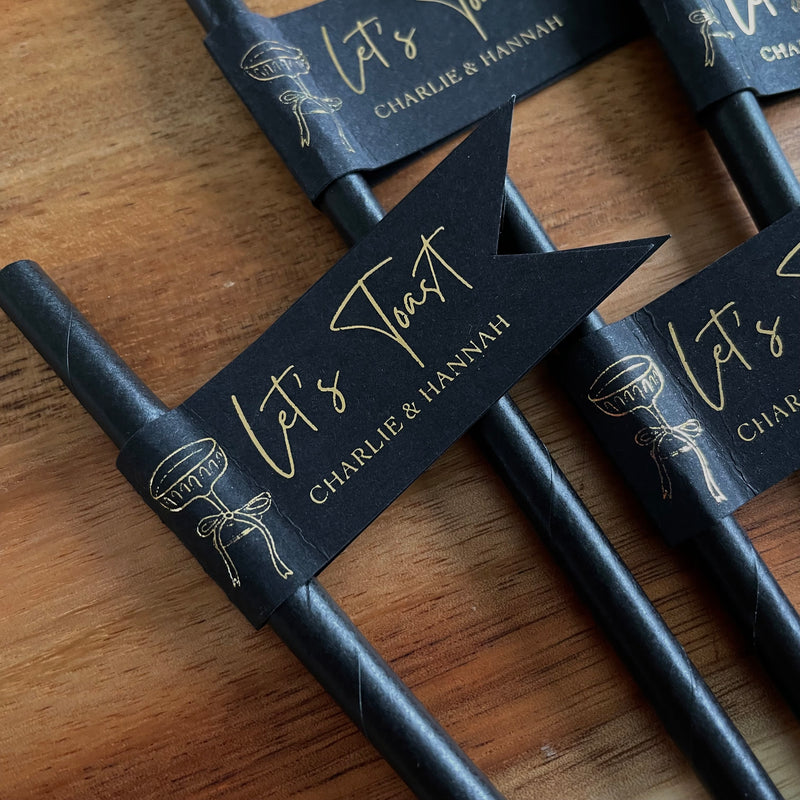 black and gold personalised paper drinking straws for engagement party, anniversary or wedding reception