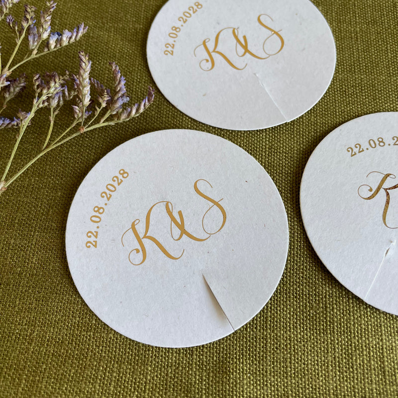 circle drink tags with foil personalised with couples initials and date for weddings, anniversaries, enegagements