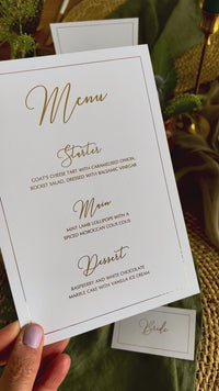 white and gold foil dinner menu for table