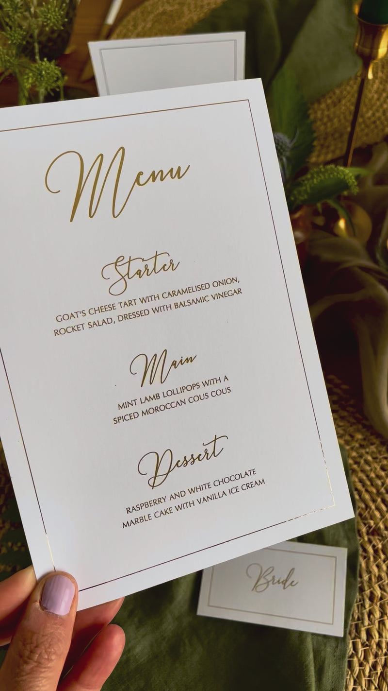 white and gold foil dinner menu for table