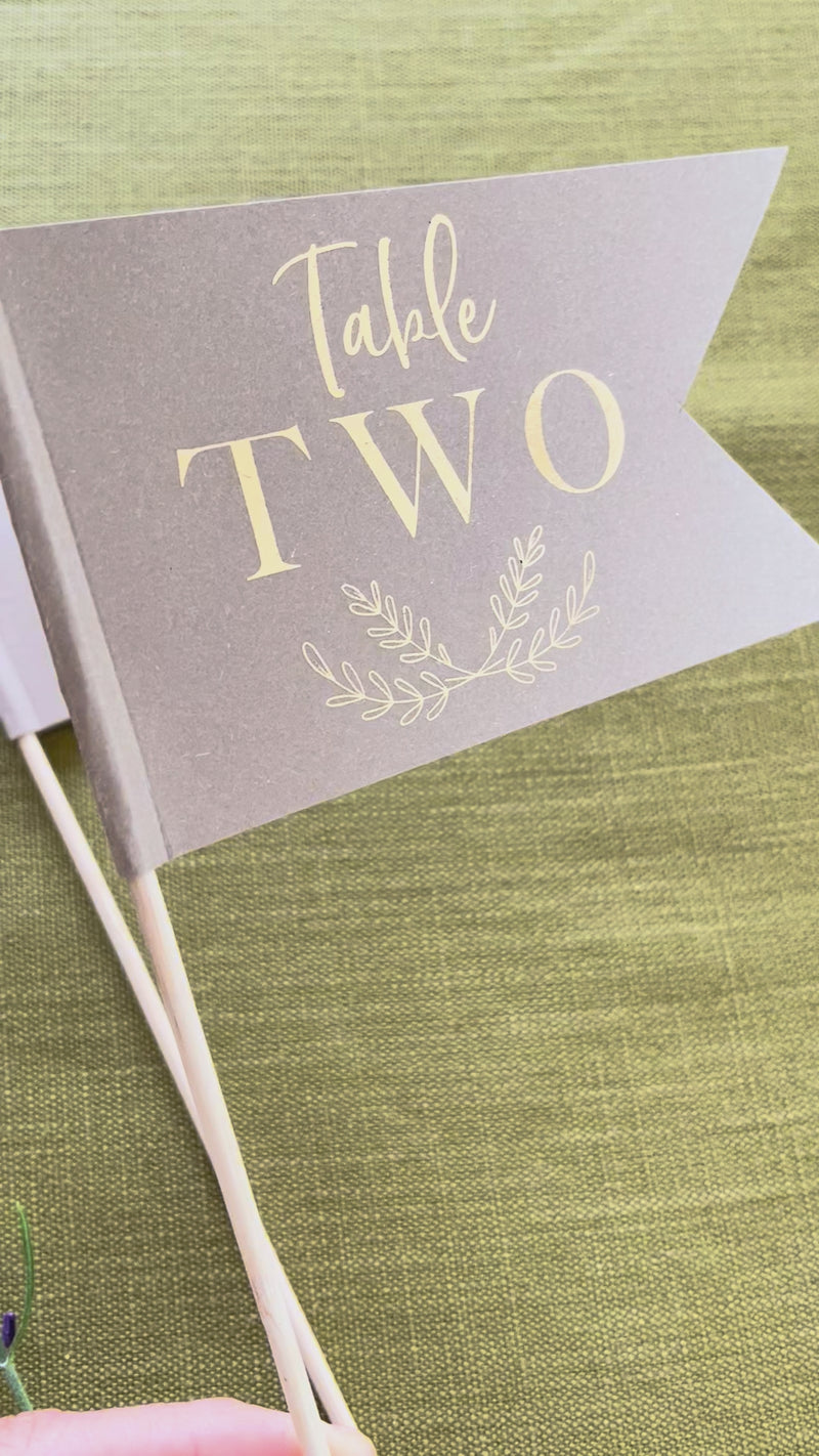 gold foil table numbers flags for rustic wedding tables