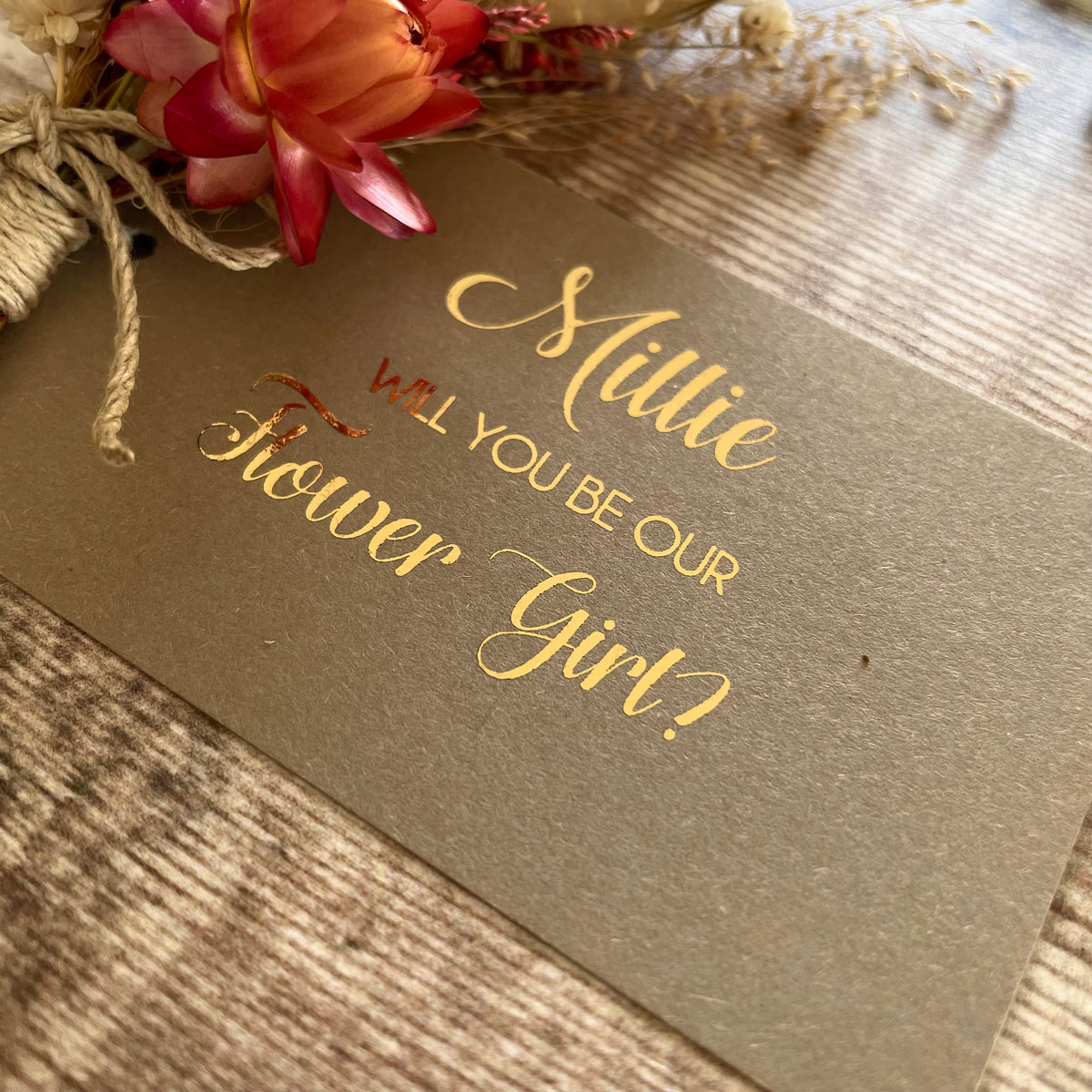 personalised flower girl gift tag with dried flower bouquet