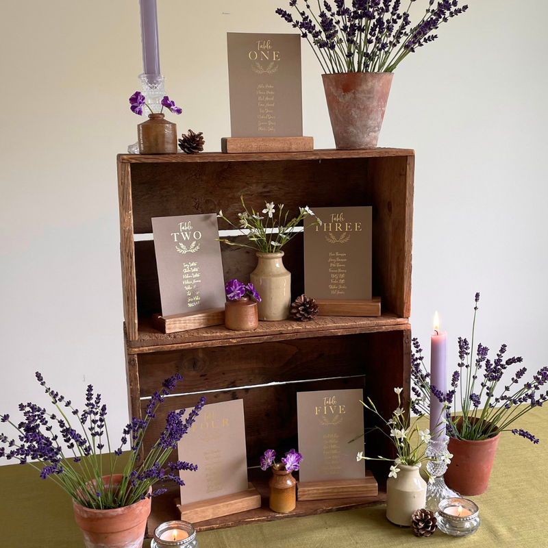 individual table plan cards for rustic wedding display