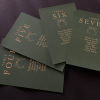 Forest green & gold foil individual bow table plan cards