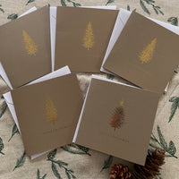 set of 5 merry christmas cards with gold foil spruce tree