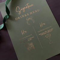 green and gold sign for signature wedding drinks