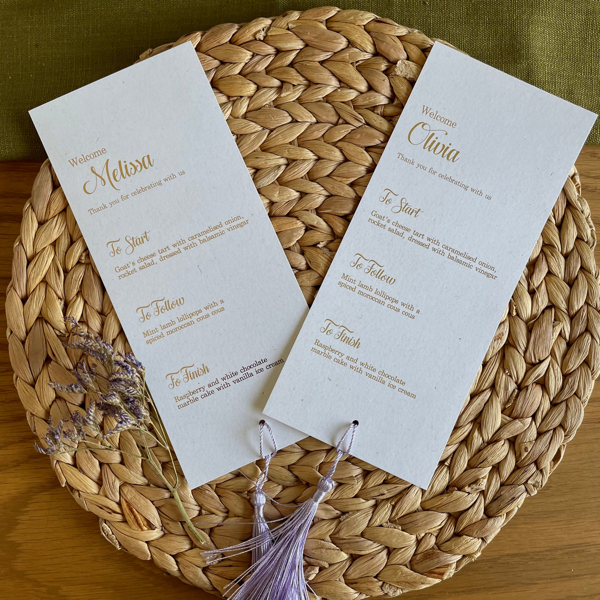 Personalised dinner menu cards with tassel