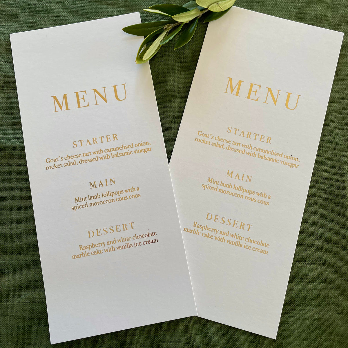simple slim dinner menu card white and gold foil 
