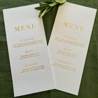 simple slim dinner menu card white and gold foil 