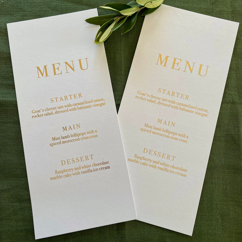 simple slim dinner menu card white and gold foil 