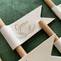 rustic wedding drink straws with guests names in gold foil for place setting