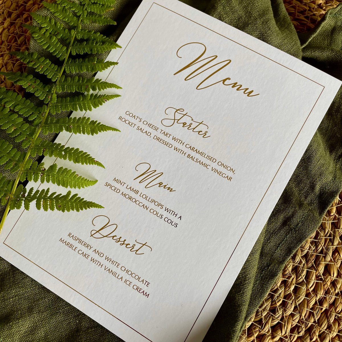 flat white and gold foil menu card for elegant wedding reception