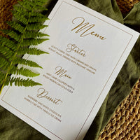 flat white and gold foil menu card for elegant wedding reception