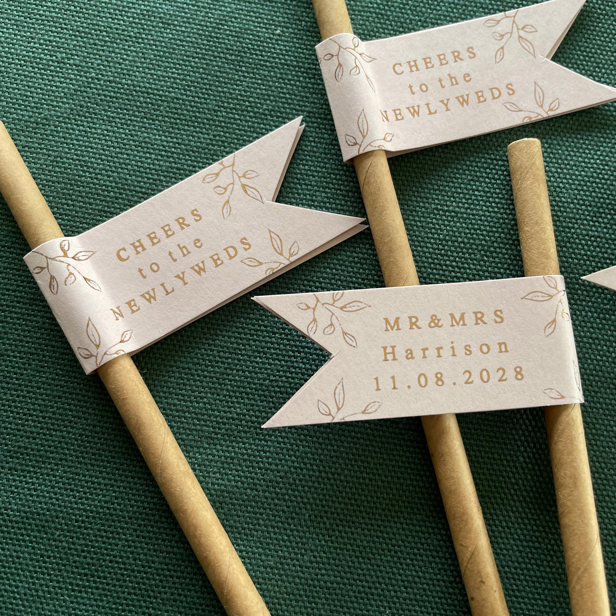 personalised pink and rose gold paper wedding drink straws 
