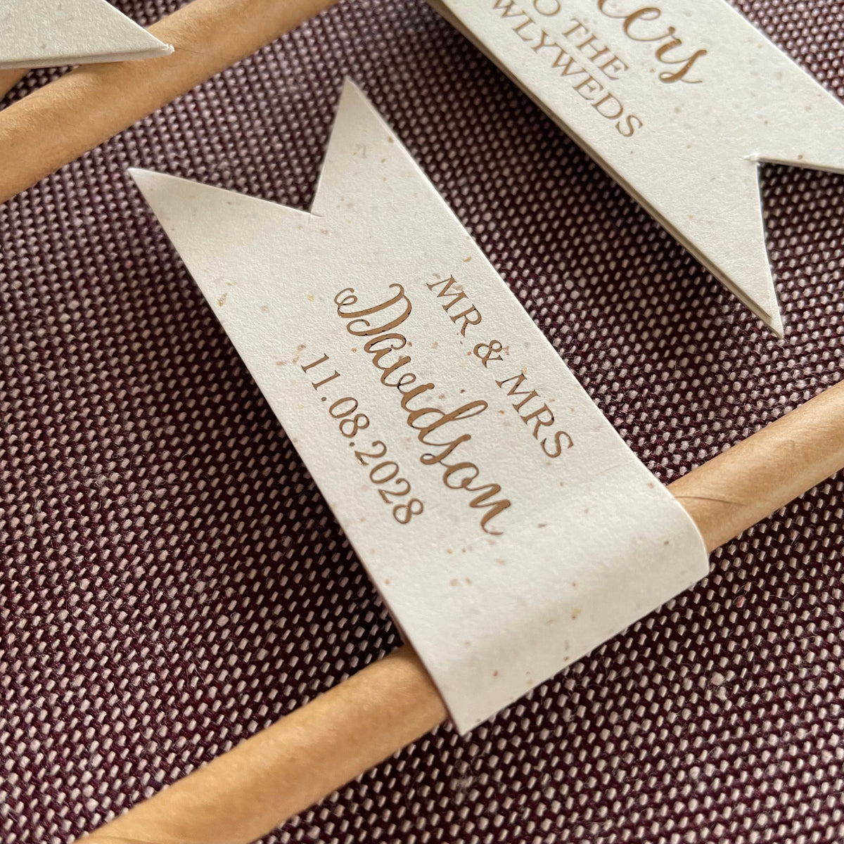 paper drink straw with recycled card and bronze foil for earthy wedding styling
