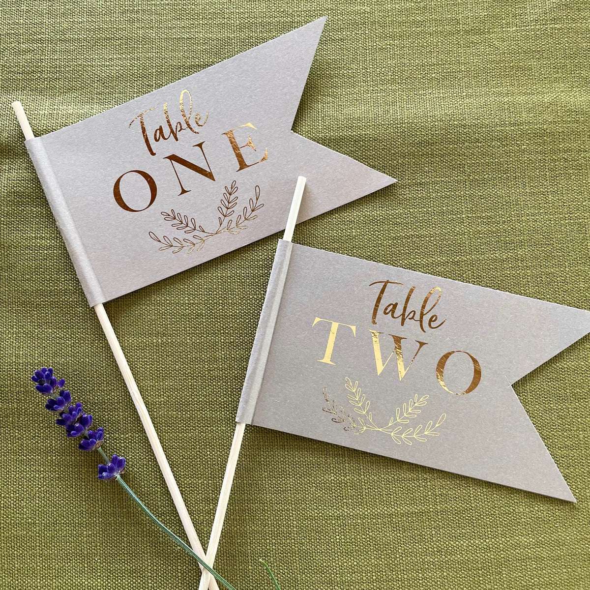 brown and gold foil table number flags for wedding centrepiece