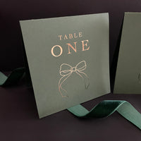 gold foil and forest green table number free standing cards
