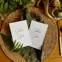 white table numbers for wedding with gold foil script and border for elegant wedding style