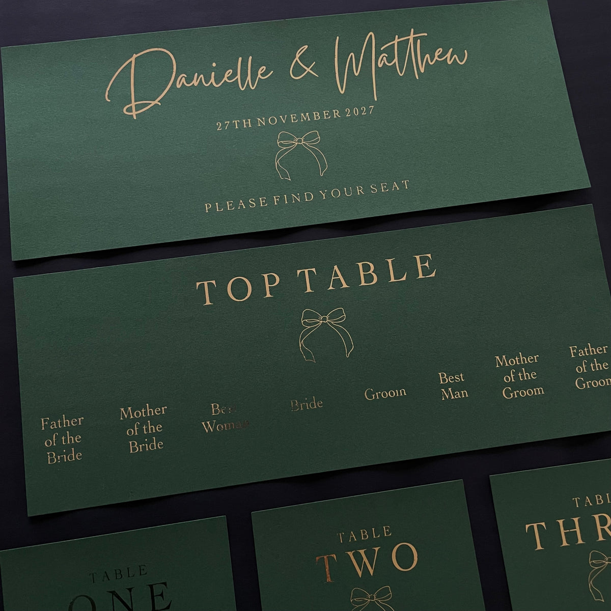 wedding table plan headers dark green and gold