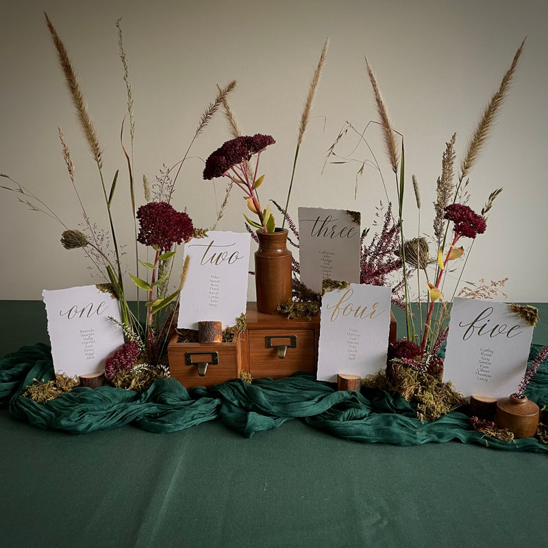 moss table plan cards for woodland wedding