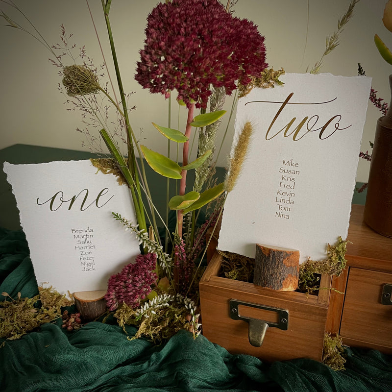 Woodland moss gold foil table plan cards