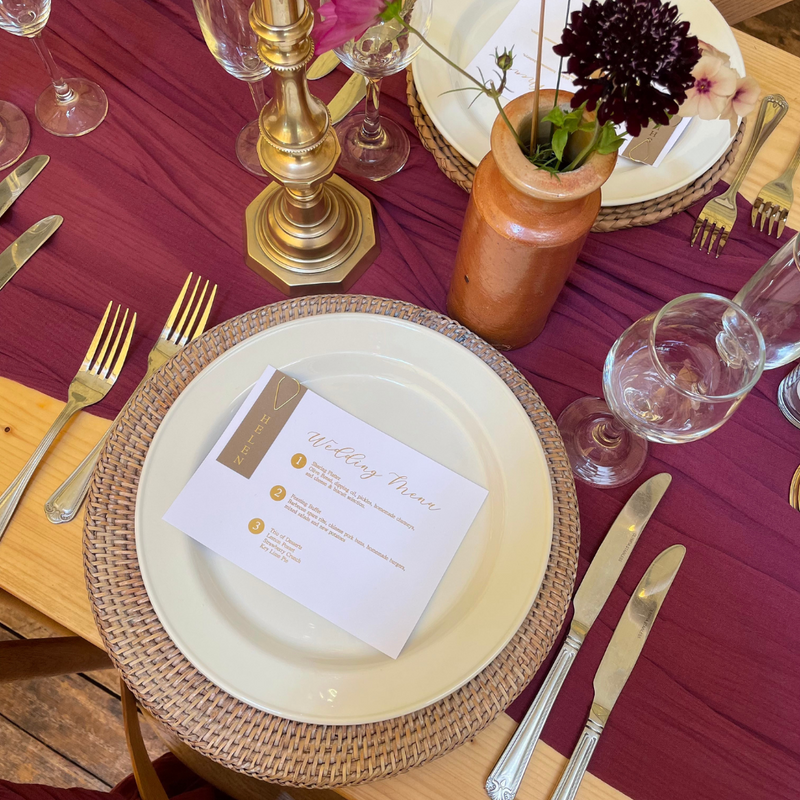Landscape Wedding Menu with brown and gold name tag