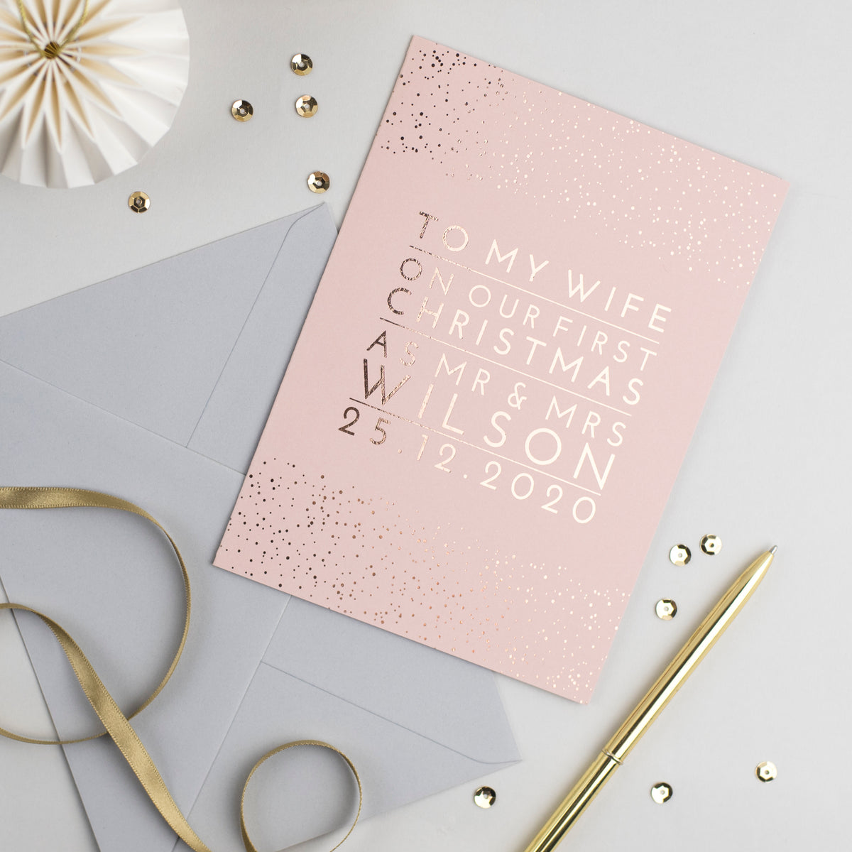 personalised christmas card rose gold and blush pink