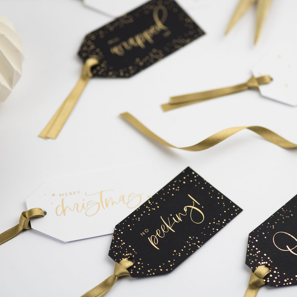 christmas gift tags foiled with ribbon