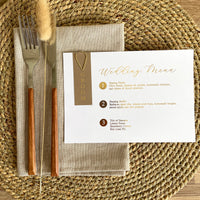 Landscape Wedding Menu with brown and gold name tag