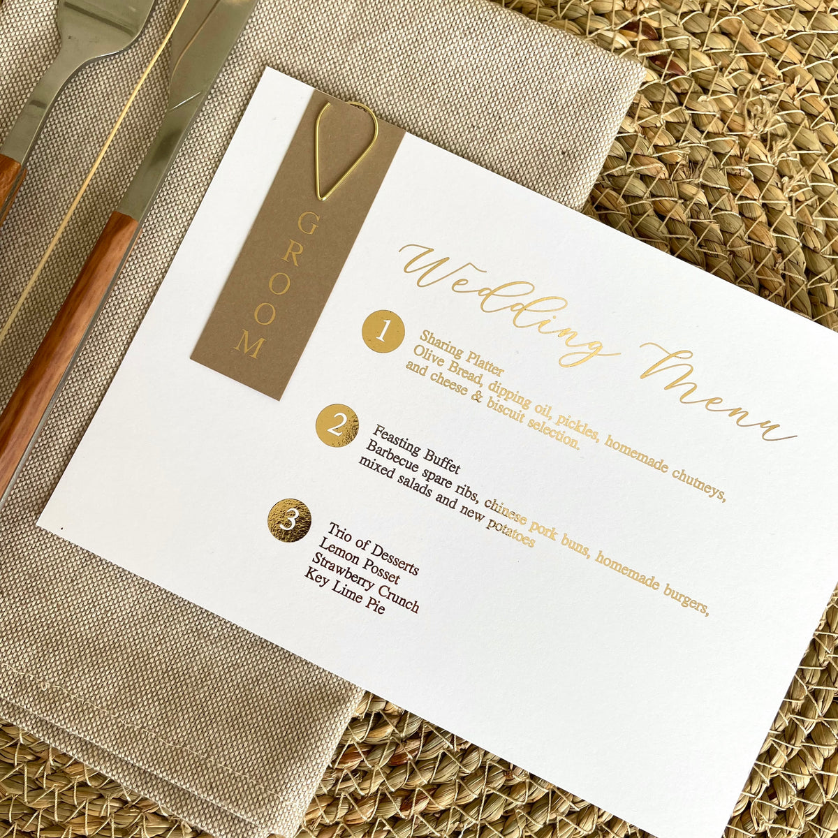 Landscape Wedding Menu with brown and gold name tag