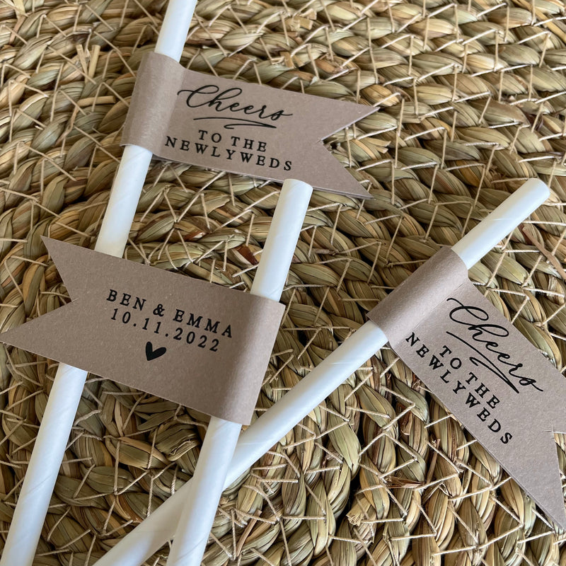 brown and white wedding drink straws