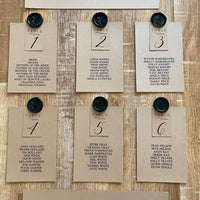 table plan cards wedding with black wax seals