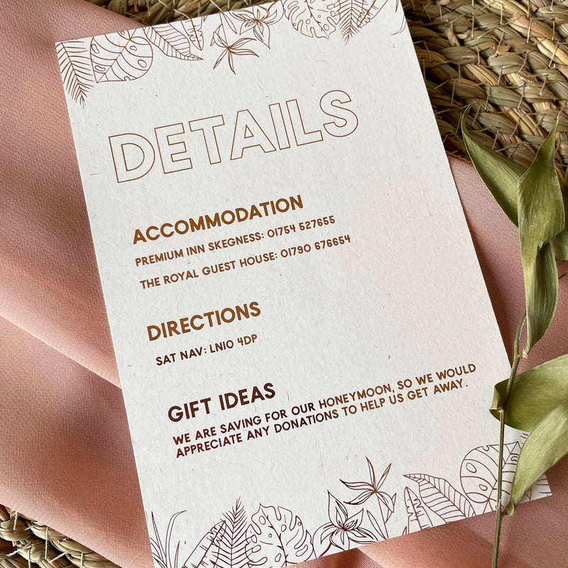 tropical leaf wedding details card