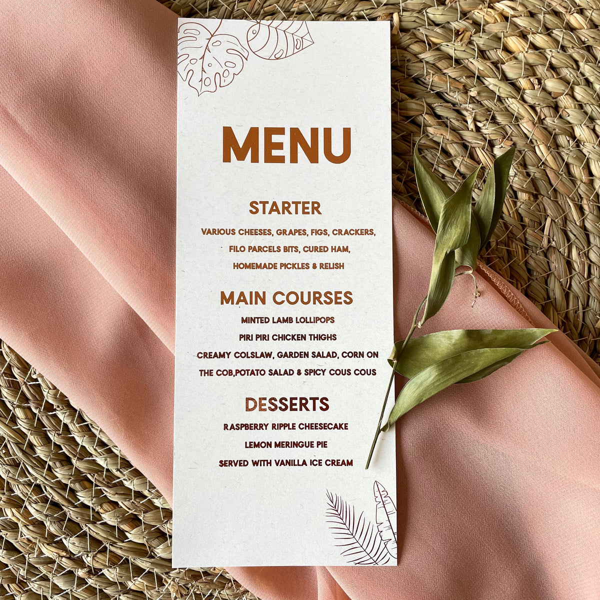 tropical leaves wedding menu