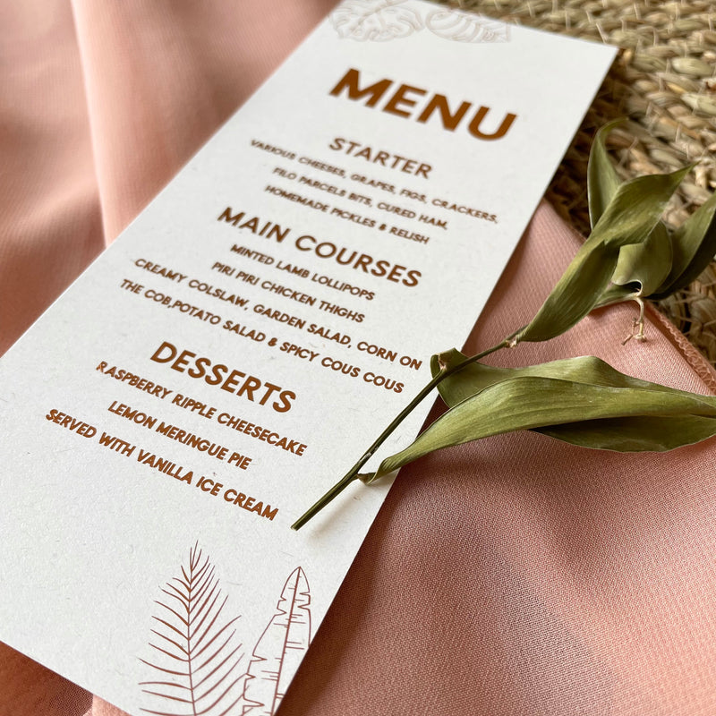 copper foil wedding menu