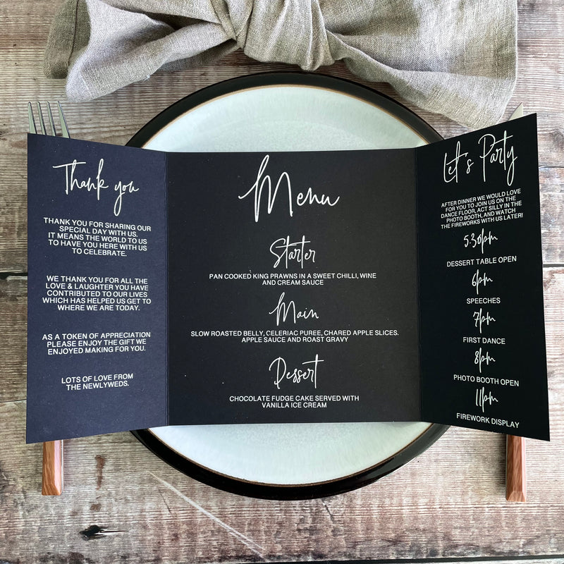 Black and White Wedding Thank you | Menu | Order of Events 'The Reveal'